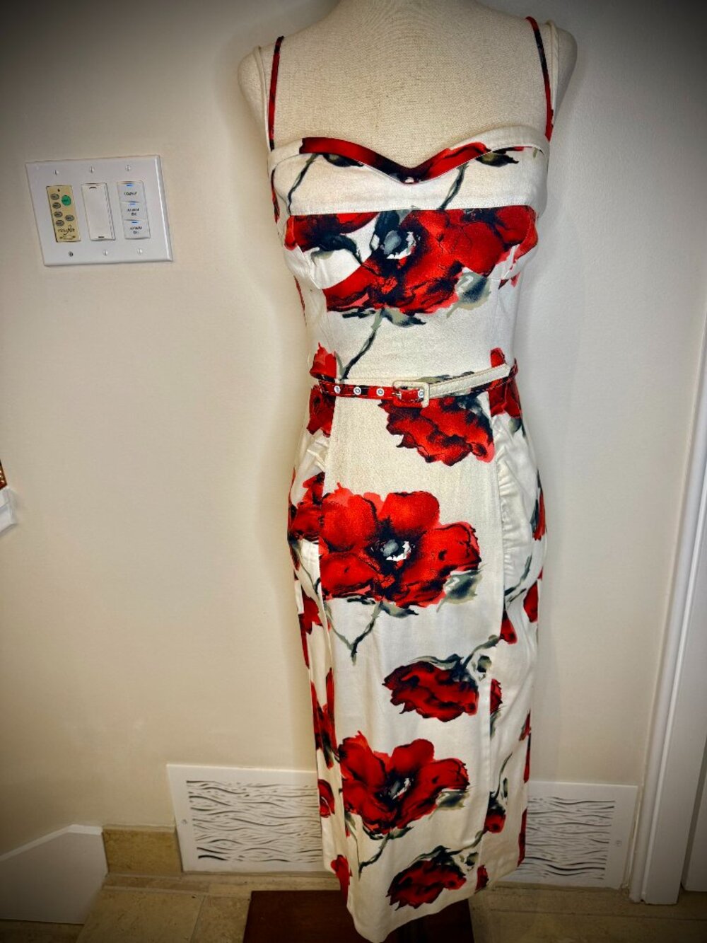 RARE Stop Staring White & Rose Floral Midi Retro Pinup Wiggle Dress w/ belt - S